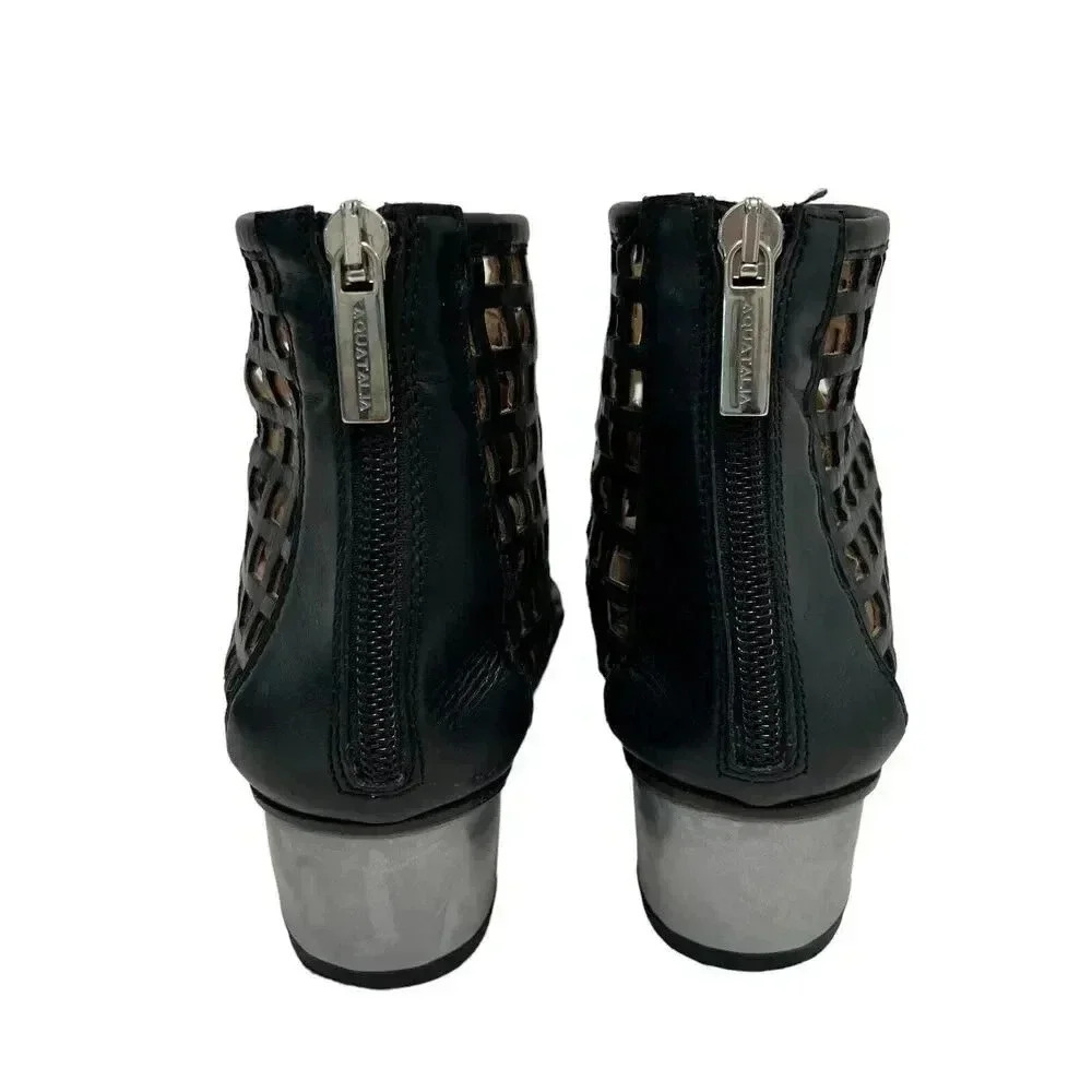 Aquatalia Perforated Fishnet Laser Cut Ankle Booties Black Leather Women’s 6 - Picture 5 of 10
